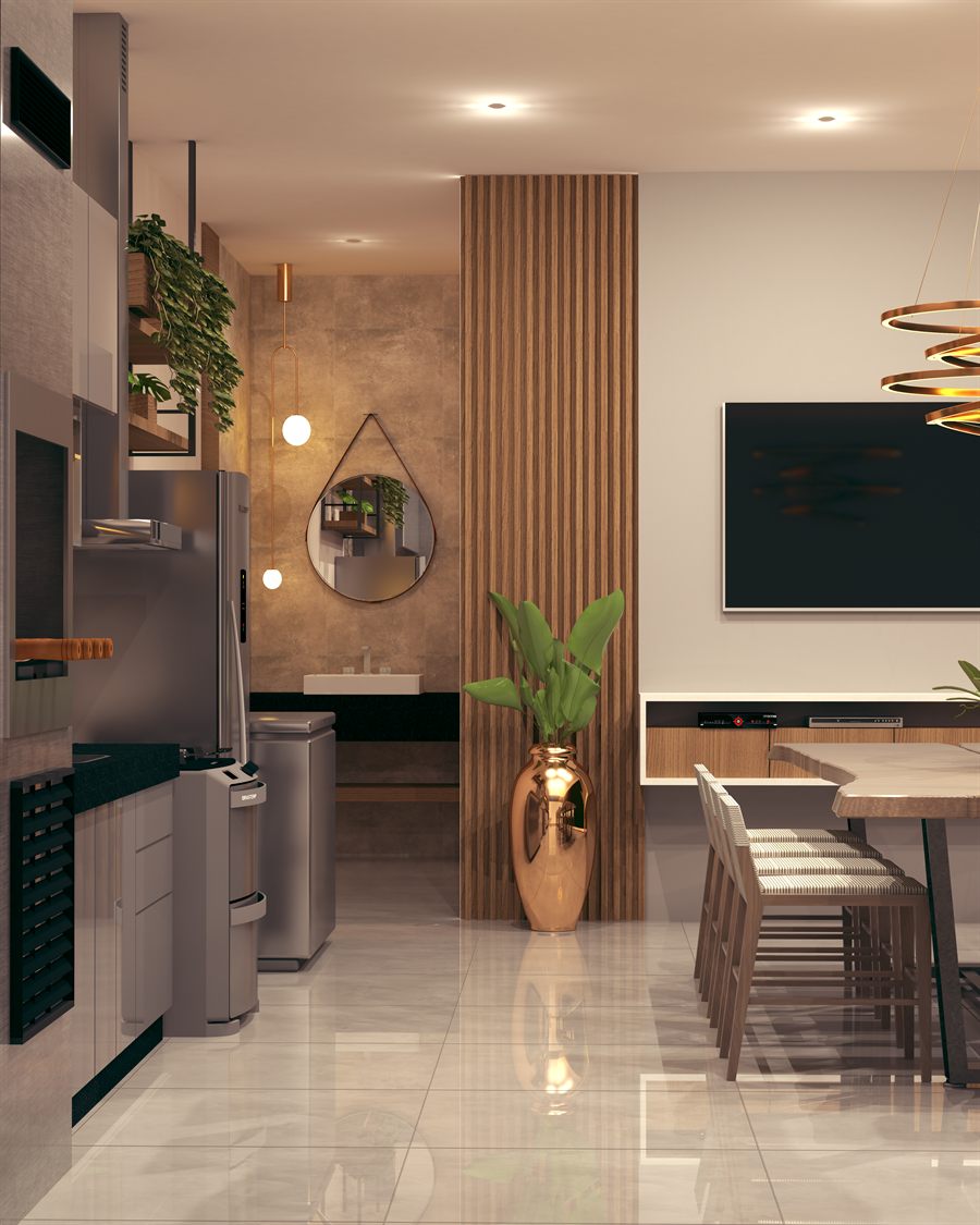 Imagem 3D do Espaço Gourmet 01 com composição de interiores.